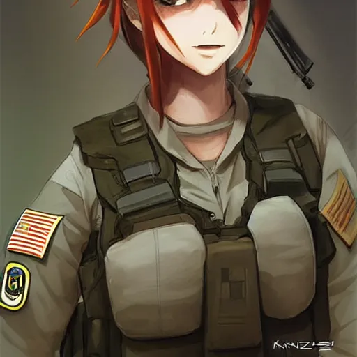 Image similar to anime girl in a united states army special forces uniform, cute face, digital art, portrait, krenz cushart, craig davison