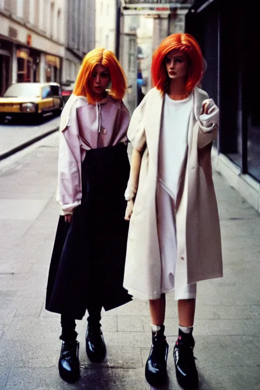 Image similar to high quality realistic street photo of girl, stylish hairstyles, clothes in the style of 1 9 9 0, fashion style clothes from maison margiela and off - white ; kodak ektar, 2 0 0 iso, 3 5 mm lens, bill henson style beautiful chiaroscuro lighting, beautiful colour palette, beautiful and realistic, wide shot