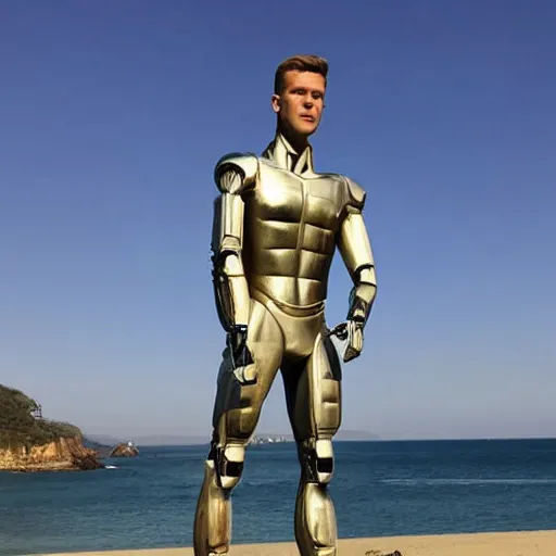 Image similar to a realistic detailed photo of a guy who is an attractive humanoid who is half robot and half humanoid, who is a male android, football player christian mccaffrey, shiny skin, posing like a statue, blank stare, by the beach, on display