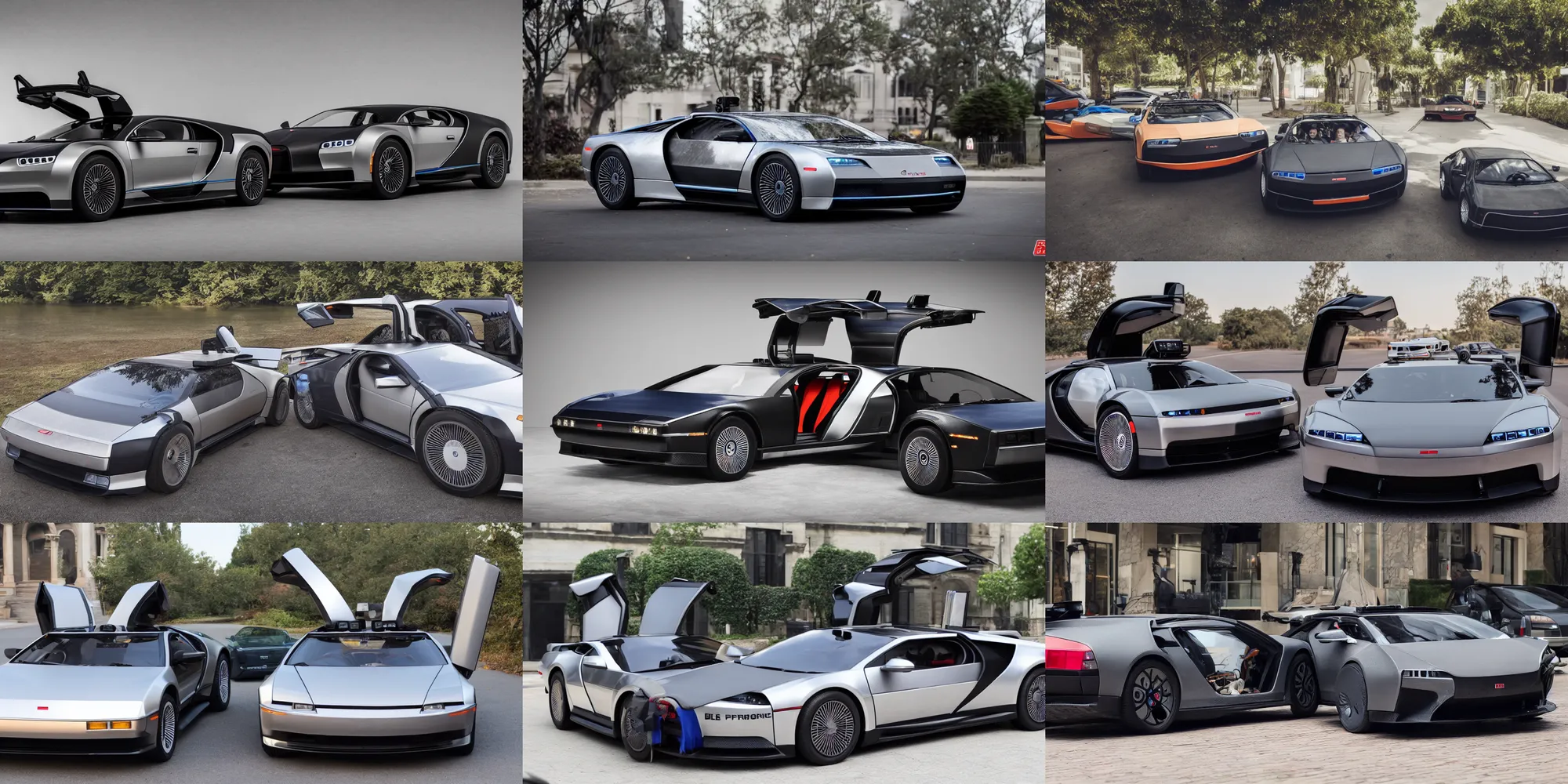 Image similar to a single delorean and bugatti chiron model 3 hybrid, dslr