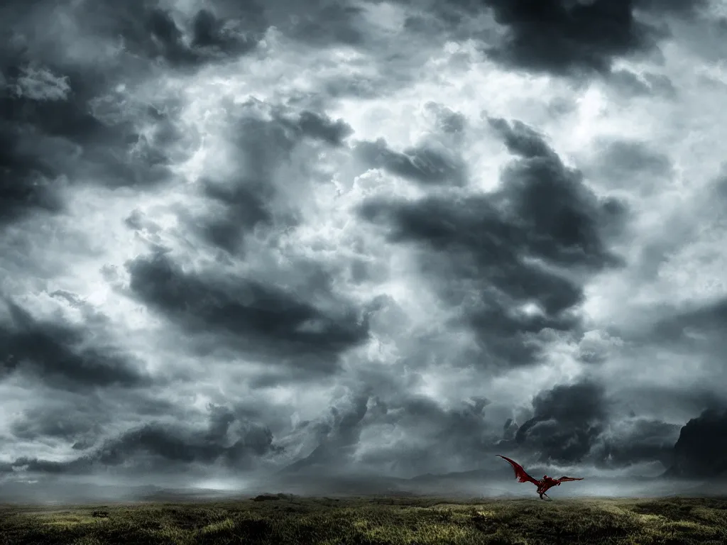 Image similar to epic cinematic shot of dragon flying through stormy clouds