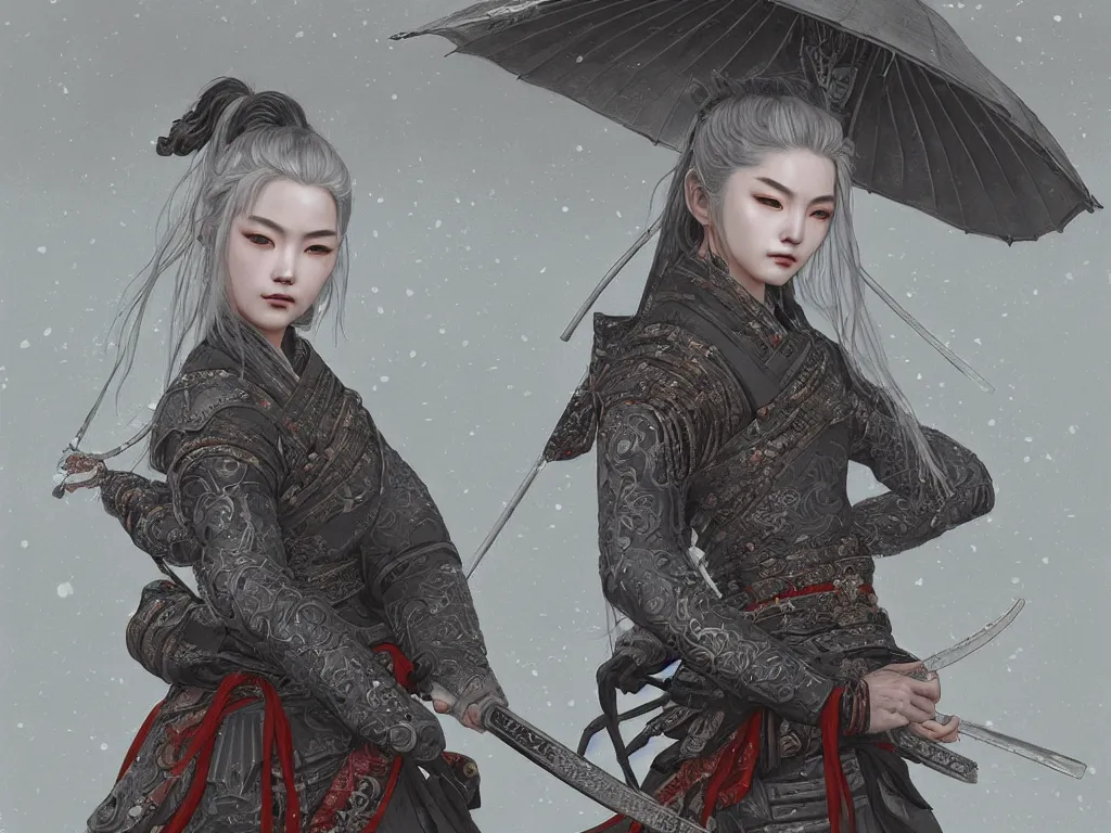 Image similar to portrait grey hair beautiful samurai girl, armor samurai wardrobe, in fired honnoji temple wet night, ssci - fi and fantasy, intricate and very very beautiful and elegant, highly detailed, digital painting, artstation, concept art, smooth and sharp focus, illustration, art by tian zi and wlop and alphonse mucha