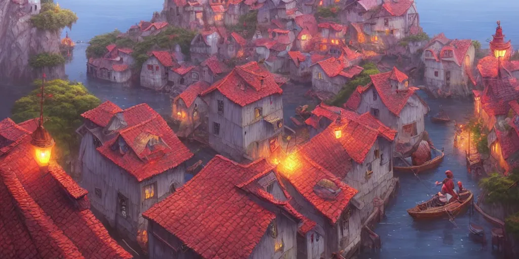 Prompt: Cozy small fantasy village on a cape, red roofs, fishing boats, view from above. In style of Greg Rutkowski, Jesper Ejsing, Makoto Shinkai, trending on ArtStation, fantasy, great composition, concept art, highly detailed, scenery, 8K, Behance.