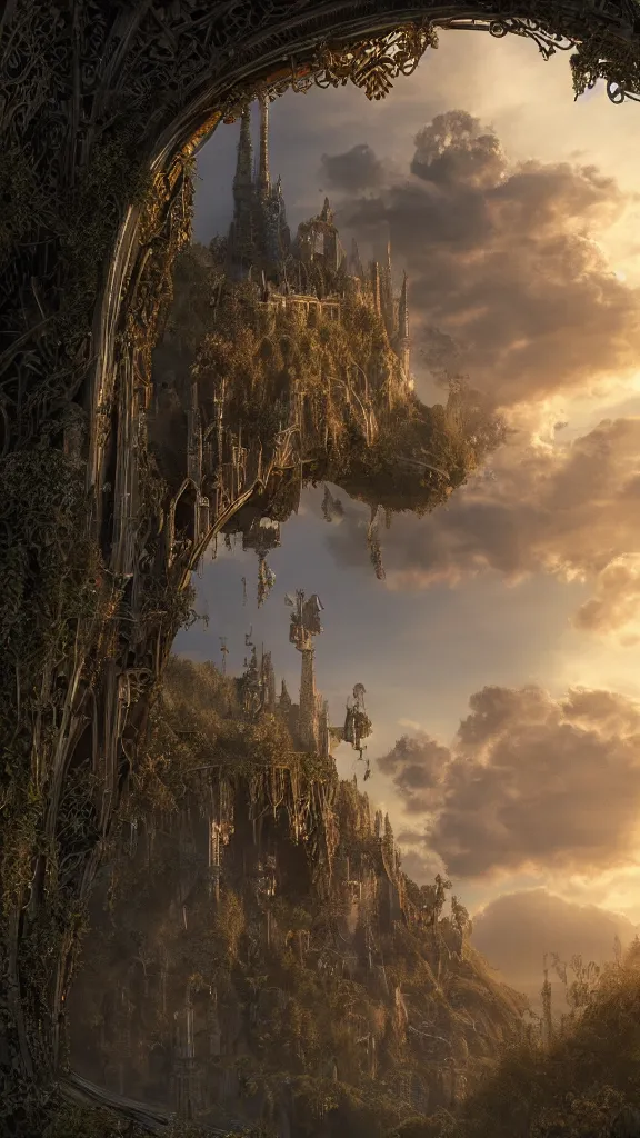 Prompt: overgrown ruined metal archway into a magical cloud city, beautiful, intricate, detailed, golden light, 3 d animated movie frame, 8 k