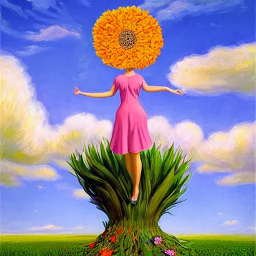 Image similar to giant flower head, frontal, woman standing in field, surreal photography, colorful clouds, impressionist painting, digital painting, artstation, rob gonsalves