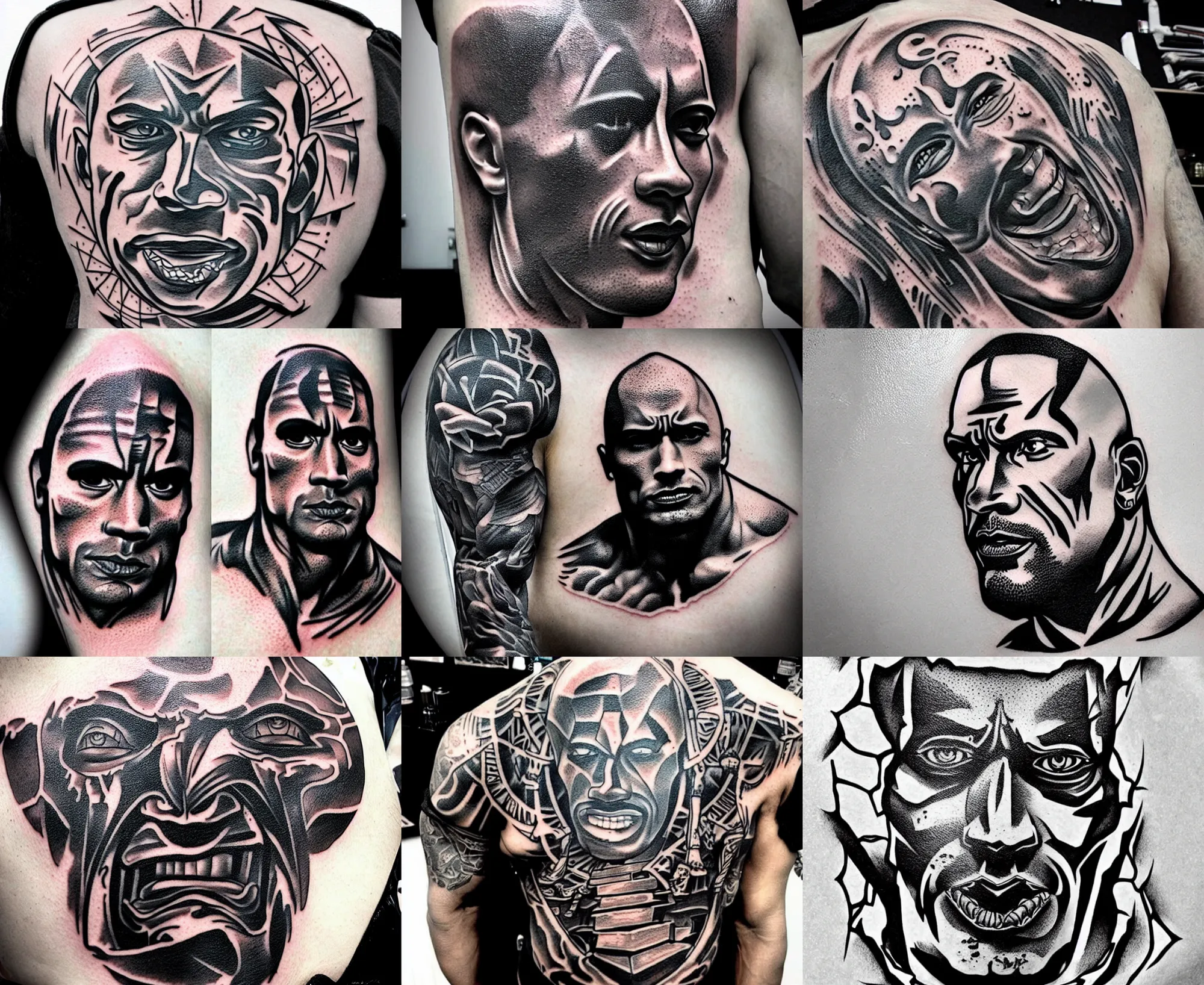Prompt: detailed amazing tattoo stencil of a gothic dwayne the rock johnson