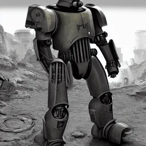 Image similar to huge power armor with servos from fallout in the style of star wars stormtrooper, realism, depth of field, focus on darth vader,