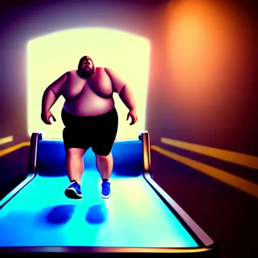 Image similar to a fat man running on a treadmill heavily sweating ultra realistic, lens flare, atmosphere, glow, detailed, intricate, full of colour, cinematic lighting, trending on artstation, 4 k, hyperrealistic, focused, extreme details, unreal engine 5, cinematic, masterpiece, ultra realistic, hyper realistic, highly detailed, sharp focus, digital art