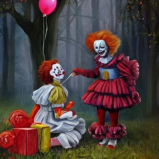 Image similar to A beautiful painting of pennywise giving candy to children