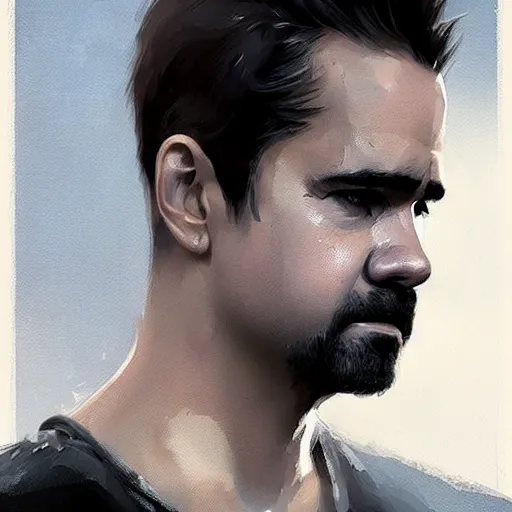 Image similar to “Portrait of Colin Farrell by Greg Rutkowski, young, attractive, highly detailed portrait, scifi, digital painting, artstation, concept art, smooth, sharp foccus ilustration, Artstation HQ”