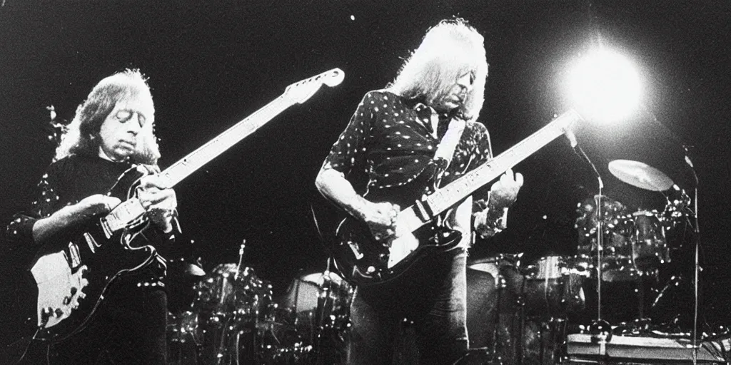 Prompt: rock musician Robin Trower in concert 1975, grainy photo