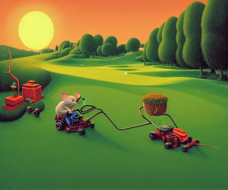 Image similar to hyper detailed 3d render like a Oil painting - a cartoon mouse riding a lawnmower across a golf course at dawn, by Jacek Yerka, Mariusz Lewandowski, Houdini algorithmic generative render, Abstract brush strokes, Masterpiece, Edward Hopper and James Gilleard, Zdzislaw Beksinski, Mark Ryden, Wolfgang Lettl, hints of Yayoi Kasuma, octane render, 8k