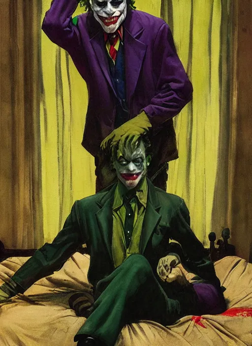 Image similar to full body and head portrait of the joker sitting on the edge of a bed in a dark and dingy dystopian apartment lit by green light, painted by norman rockwell and tom lovell and everett raymond kinstler