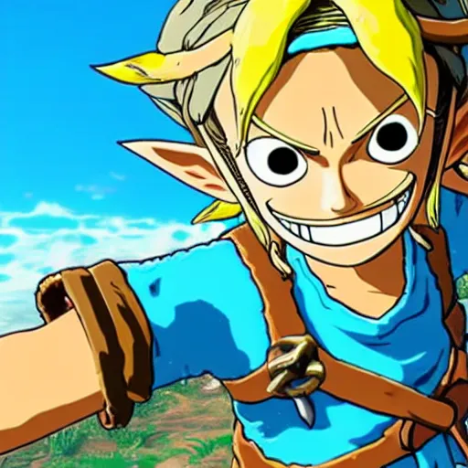 Image similar to a screencap of the legend of zelda breath of the wild, of one piece's luffy in breath of the wild