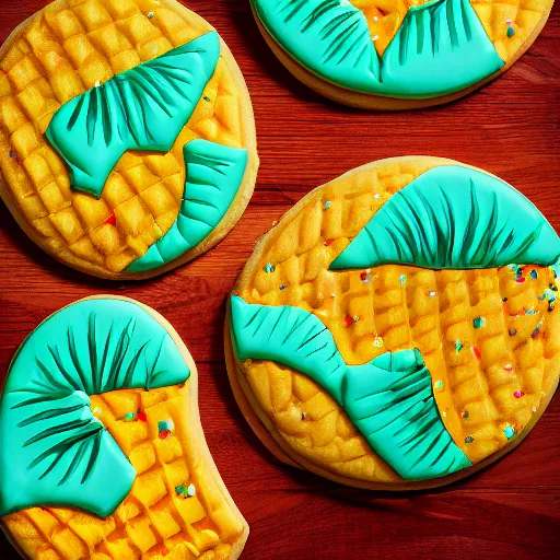 Prompt: tropical cookies, a cookie in the shape of a pineapple, 8k, Trending on artstation, professional photography