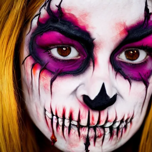 Image similar to closeup scary and gory halloween makeup, ( eos 5 ds r, iso 1 0 0, f / 8, 1 / 1 2 5, 8 4 mm, postprocessed, 4 k, postprocessed, crisp face, facial features )