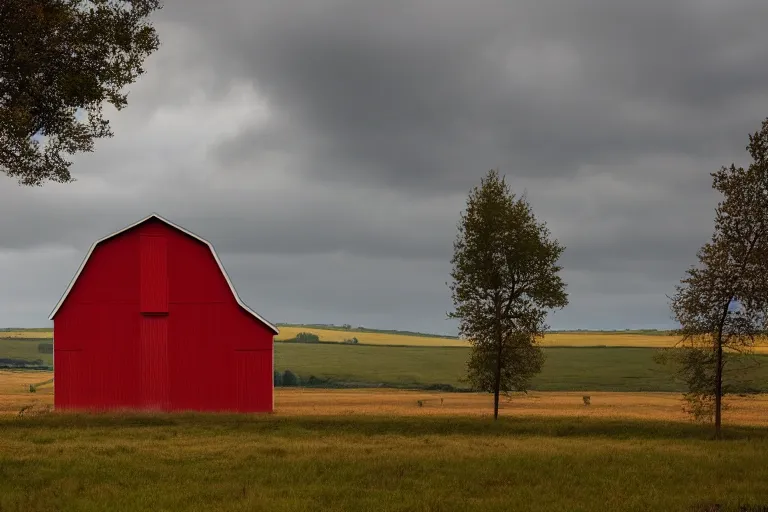 Prompt: Landscape with a red barn in the countryside, bocages, sparse trees, cloudy skies, ARRI ALEXA Mini LF, ARRI Signature Prime 40 mm T 1.8 Lens, 4K film still by Sam Mendes, Roger Deakins,