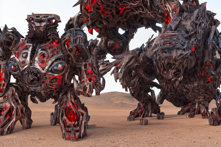 Prompt: a gigantic angry monster made of scrap metal with red eyes, standing in the desert, looking at camera, realism, photo realistic, high quality,