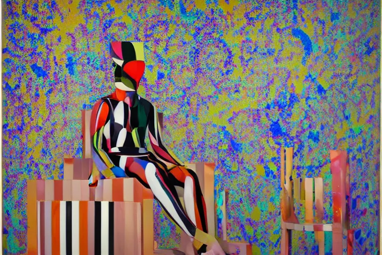 Prompt: portrait of a morphed mosaic painted harlequin sitting on a plastic garden chair looking into a screen doing makeup by james jean and luc tuymans and beeple and hernan bas and pat steir and hilma af klint, psychological, dripping paint, high quality render, masterpiece