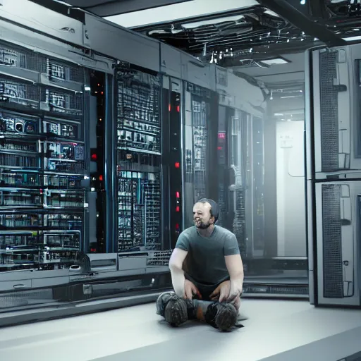 Prompt: a man sitting in front a mainframe with cables attached to his brain, unreal engine, cinematic light, hyper detailed