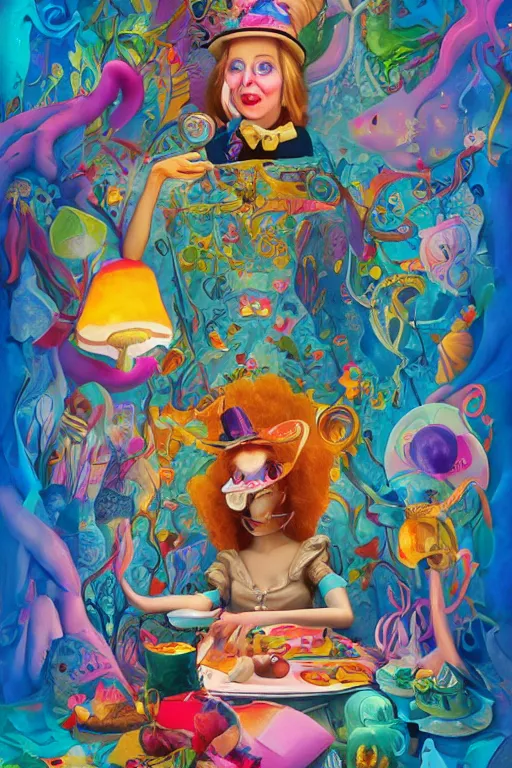 Image similar to Surrealist psychedelic award winning and iconic alice in wonderland book cover trending on artstation, artstationHD, artstationHQ, 4k, 8k