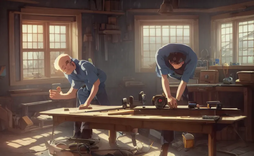 Image similar to a wholesome animation key shot of a carpenter fixing a broken robot that is on top of a table, medium shot, waist up, studio ghibli, pixar and disney animation, sharp, rendered in unreal engine 5, anime key art by greg rutkowski, bloom, dramatic lighting