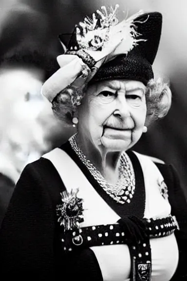 Image similar to a photo taken from a distance of a black and white cat dressed up as queen elizabeth