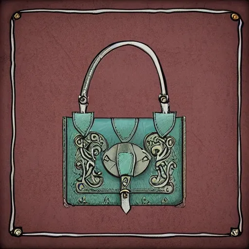 Image similar to an ornate small leather bag, fantasy illustration, medieval era, blank background, studio lighting, digital art