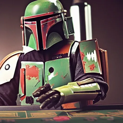 Image similar to photo of Boba fett playing roulette, high quality, cinematic, 4k, strong bokeh