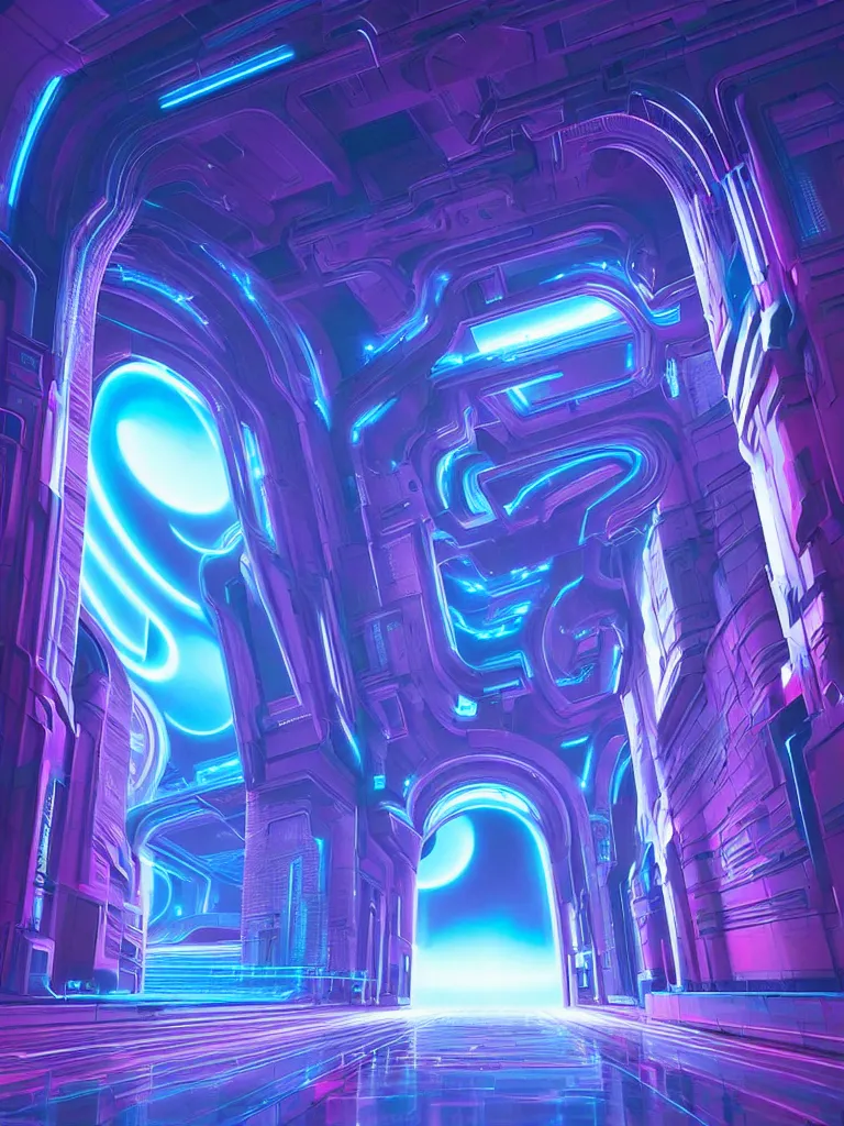 Image similar to symmetrical entrance to mainframe ethereal realm, ai sentient, octane render, symmetrical composition, dreamy colorful cyberpunk colors, 6 point perspective, fantasy landscape with anthropomorphic terrain in the styles of igor morski, jim warren and rob gonsalves, intricate, hyperrealistic, volumetric lighting, neon ambiance, distinct horizon