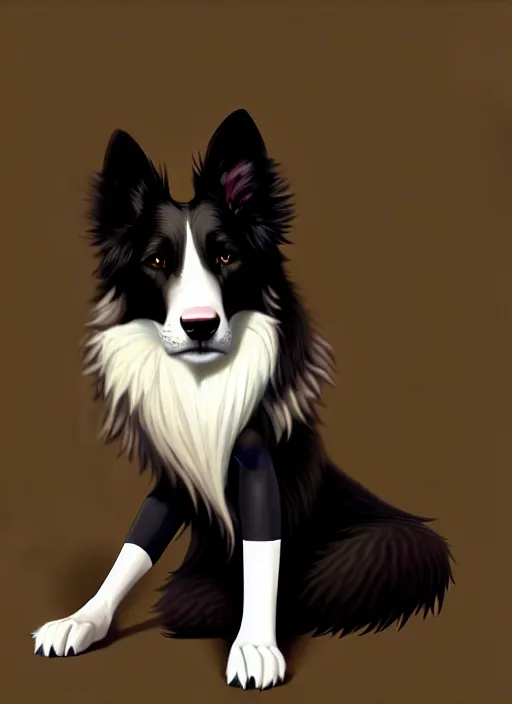 Prompt: wide angle beautiful full body portrait of a cute male anthropomorphic anthro border collie fursona wearing a black dress and sitting in a parlor room, character design by charlie bowater, henry asencio, and ross tran, furry art, furaffinity, beautiful, glamor pose, detailed, aesthetic, trending on artstation