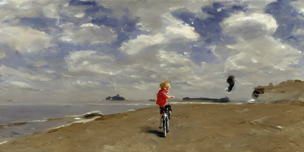 Prompt: A little girl pushing her bike along the coast, watching a rocket launch in the distance as it lifts off through the clouds, by John Singer Sargent