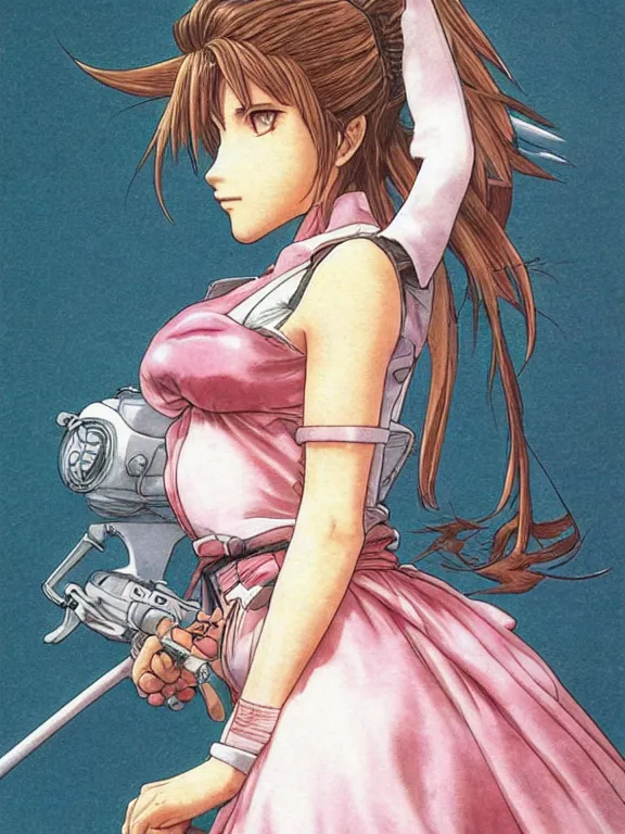 Prompt: aerith from final fantasy, a masterful and highly - skilled full color illustration by otomo katsuhiro, terada katsuya and kim jung gi!!!, realistic proportions and anatomy