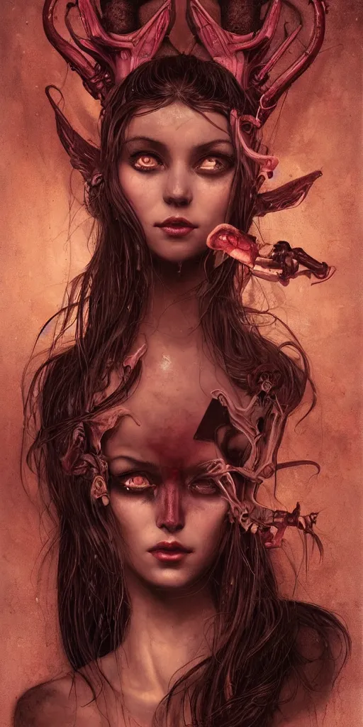 Prompt: dream portrait of a succubus in a dark ancient attic room,full character, melting ,8k,by tristan eaton,Stanley Artgermm,Tom Bagshaw,Greg Rutkowski,Carne Griffiths, Ayami Kojima, Beksinski, Giger,trending on DeviantArt,face enhance,hyper detailed,minimalist,cybernetic, android, blade runner,full of colour