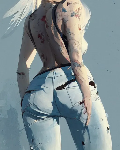 Image similar to a ultradetailed beautiful back painting of a stylish woman with white hair in a short pony tail, she is wearing jeans, by conrad roset, greg rutkowski and makoto shinkai trending on artstation