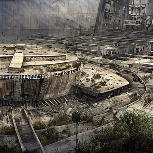 Image similar to the israeli parliament in destroyed, post apocalyptic, high quality, concept art