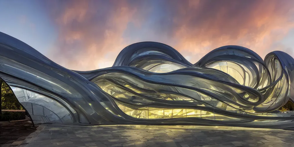 Image similar to extremely detailed awe stunning beautiful futuristic smooth curvilinear museum exterior, translucent gills, stunning volumetric light, stainless steel, concrete, translucent material, beautiful sunset, hyper real, 8k, colorful, 3D cinematic volumetric light, atmospheric light