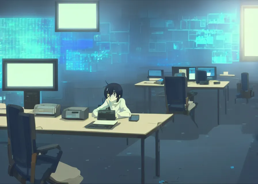 Image similar to an interior room with old pc computers with blue screens stacked on the walls and someone sitting at a desk, makoto shinkai, dusty