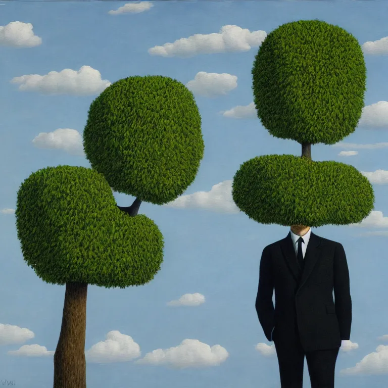 Prompt: portrait of a faceless tree - head man in a suit, clouds in the background, by rene magritte, detailed painting, distance, middle centered, hd, hq, high resolution, high detail, 4 k, 8 k