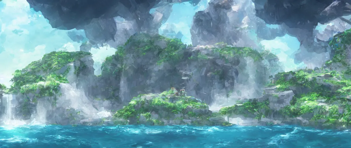 Image similar to a small crumbling island in space with waterfalls, studio ghibli, digital art, detailed, depth of field