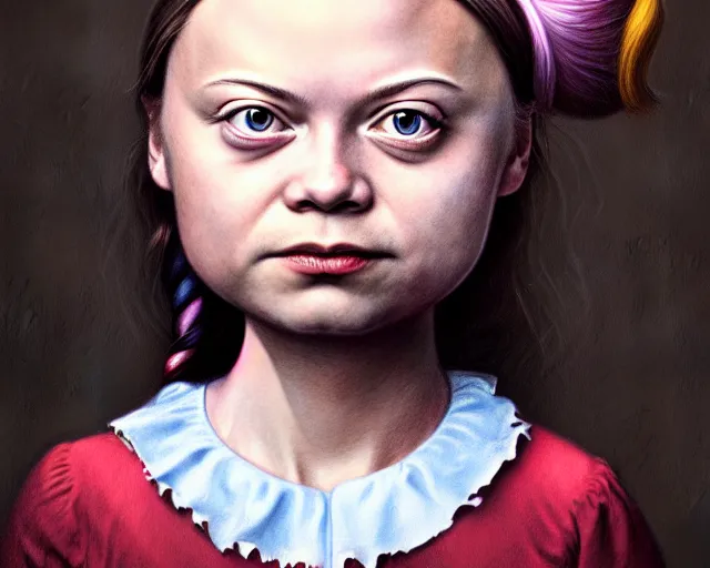 Prompt: closeup profile portrait of a greta thunberg as alice in wonderland, nicoletta ceccoli, mark ryden, lostfish, max fleischer, hyper realistic, artstation, illustration, digital paint, matte paint, vivid colors, bright, cheerful, detailed and intricate environment