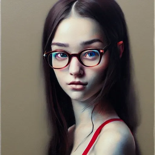 Prompt: Facial portrait of a pretty cute nerdy girl, looking at the camera, slight awkward smile, lips slightly parted, no hands visible, extremely detailed painting by Greg Rutkowski and by Henry Justice Ford and by Harumi Hironaka