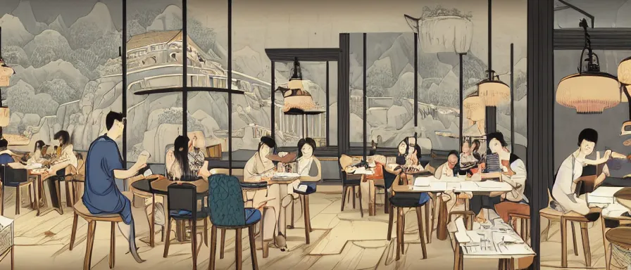 Image similar to a beautiful interior view illustration of a small roasted string hotpot restaurant in yan'an city, restaurant wall paper is a tower on a mountain, rectangle white porcelain table, people are eating, black chair, animation illustrative style, from china, simple style structure decoration design, victo ngai, james jean, 4 k hd