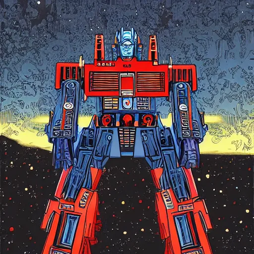 Prompt: painting of Optimus Prime by Laurie Greasley, hyperdetailed