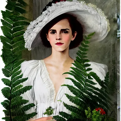 Image similar to on textured canvas full body fashion model emma watson by Winslow Homer smokey eyes makeup eye shadow fantasy, glow, shimmer as victorian woman in a long white frilly lace dress and a large white hat having tea in a sunroom filled with flowers, roses and lush fern flowers ,intricate, night, highly detailed, dramatic lighting , high quality