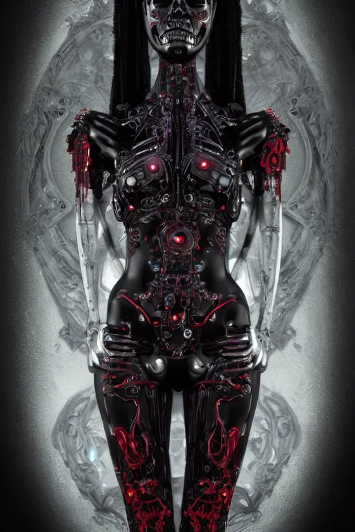 Image similar to full-body cyberpunk style sculpture of a young beautiful dark priestess, half android with a head opening exposing circuitry, glowing red eyes, black roses, flowing blood-red colored silk, fabric, candles. baroque elements, human skulls. full-length view. baroque element. intricate artwork by Caravaggio. crows flying in background. Trending on artstation, octane render, cinematic lighting from the right, hyper realism, octane render, 8k, depth of field, 3D