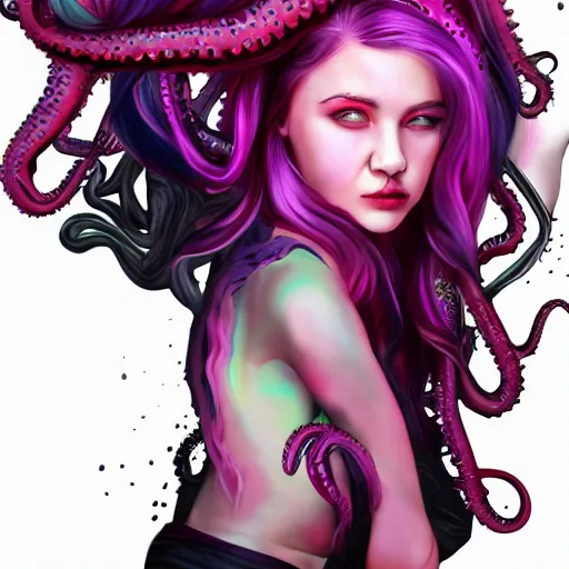 Prompt: artstation young teen with purple eyes and tentacles on her head in fury, very detailed, in glass , portrait, high contrast, vibrant, pink background