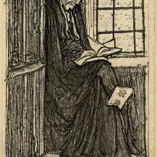 Image similar to a 1 3 th century, enigmatic, melancholic, fae wizard ( look like ( ( eighty years old christopher lee ) ), is ( ( reading an old book ) ). light dust, magnificent, hyperdetailed, theatrical, painted by arthur rackham