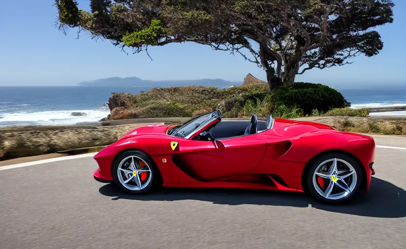 Prompt: a still of a ferrari monza sp 2 parked along the pacific coast highway, ocean in the background, 8 k,
