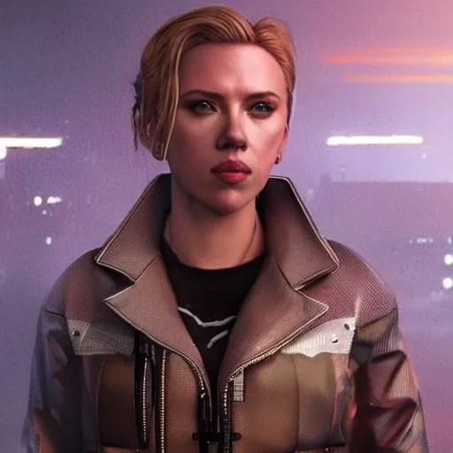 Image similar to scarlett johansson in cyberpunk, render